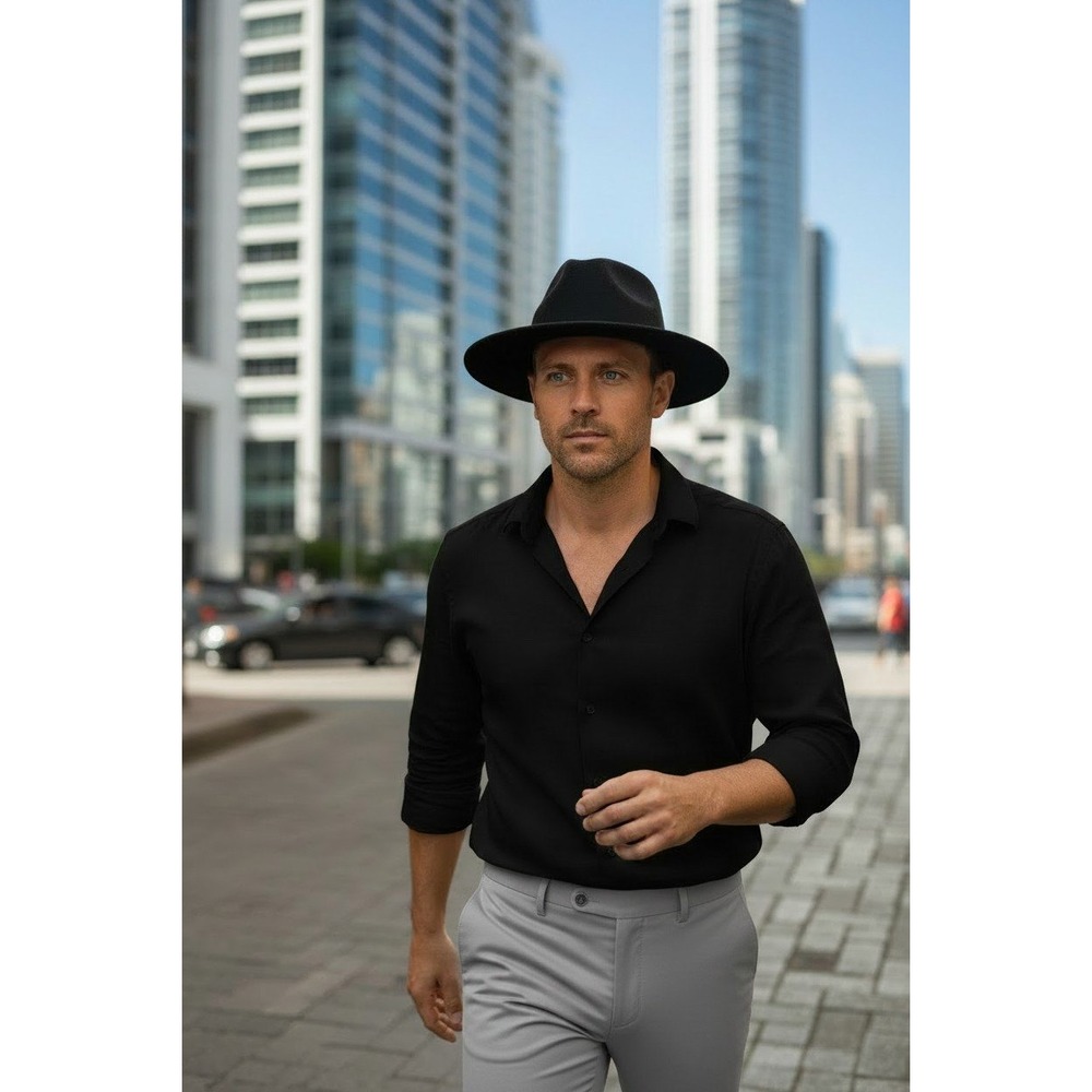 Brixton Black Wool Felt Wide Brim Fedora Hat Pinched Crown Classic Styl XS 6 3/4